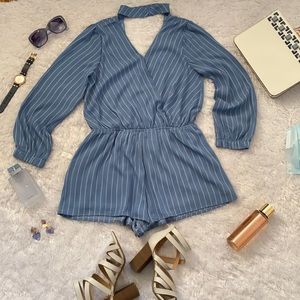 Chiffon striped long sleeve romper in blue